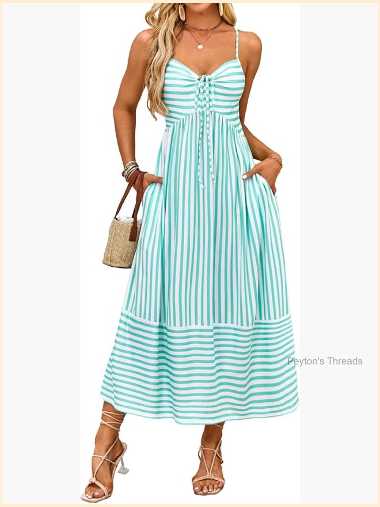 Striped Maxi Dress Spaghetti Strap Tie Back With Pockets